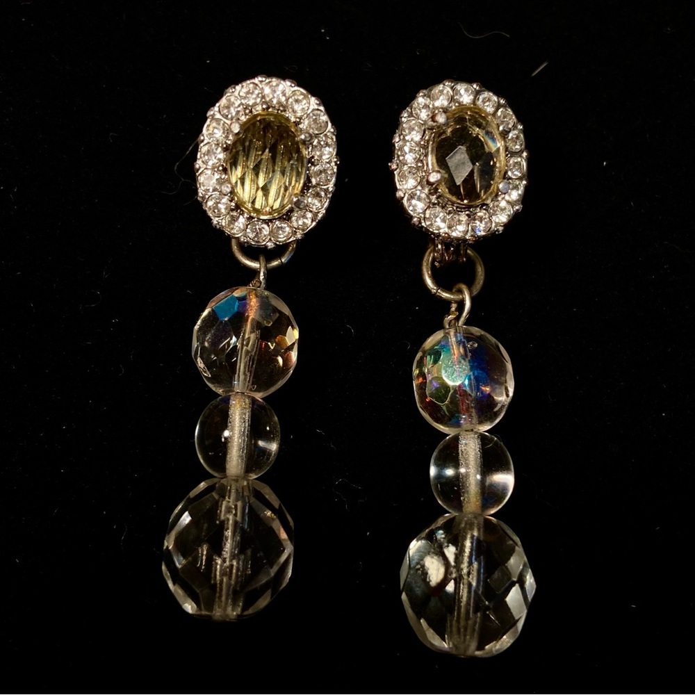 Vintage Signed Monet Yellow Crystal Pave clear Rhinestones Aurora beads Earrings